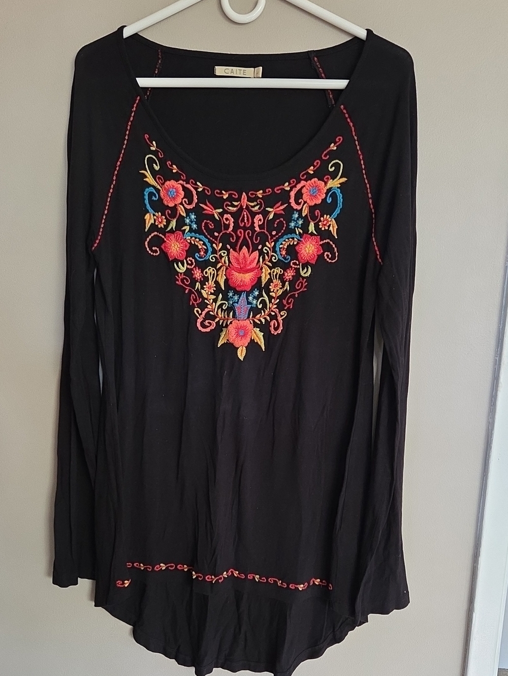 Caite Black Long-Sleeve Scoop Neck Top with Embroidered Floral Yoke
